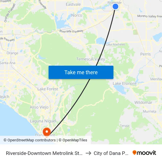 Riverside-Downtown Metrolink Station to City of Dana Point map
