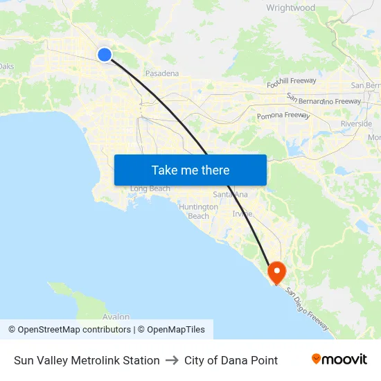 Sun Valley Metrolink Station to City of Dana Point map