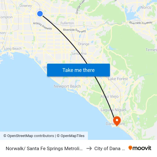 Norwalk/ Santa Fe Springs Metrolink Station to City of Dana Point map