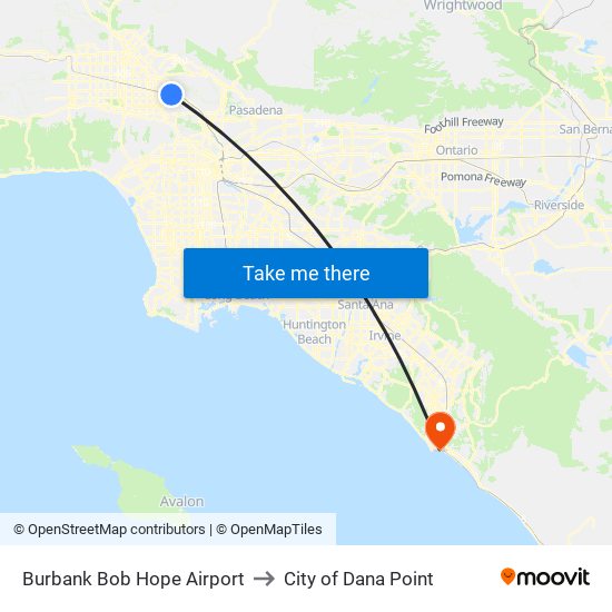 Burbank Bob Hope Airport to City of Dana Point map