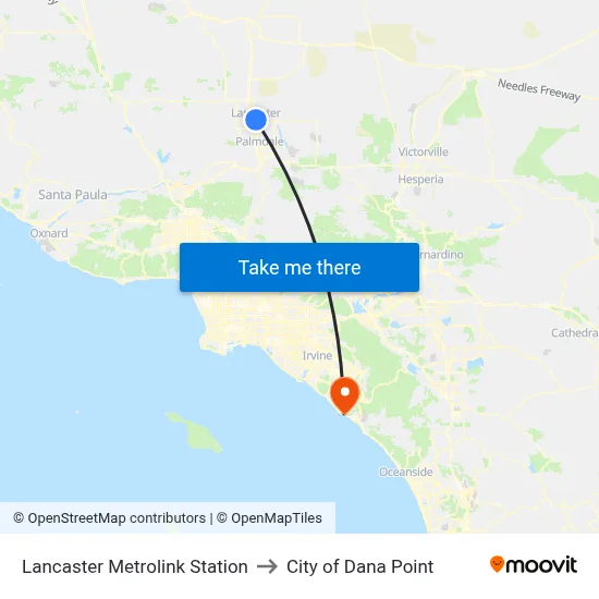 Lancaster Metrolink Station to City of Dana Point map