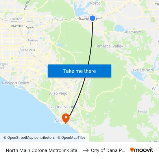North Main Corona Metrolink Station to City of Dana Point map