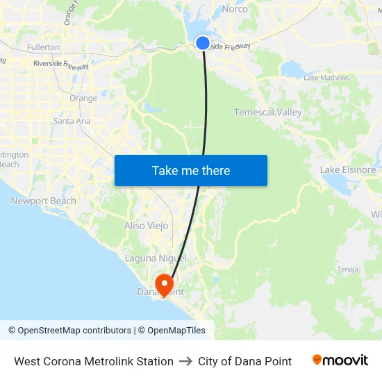West Corona Metrolink Station to City of Dana Point map