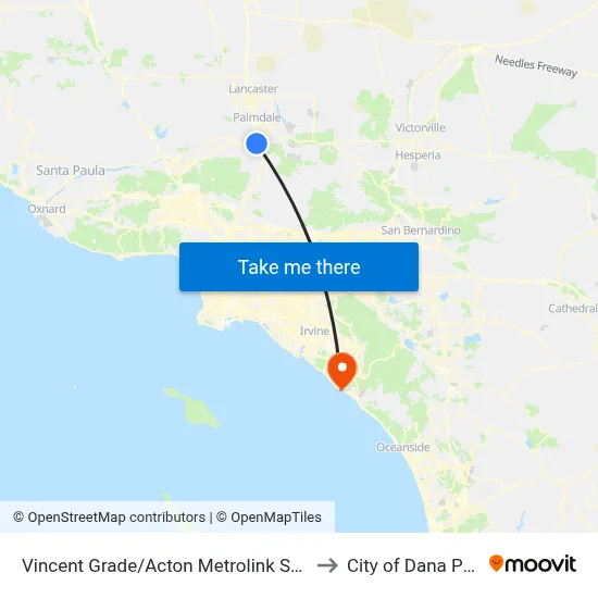 Vincent Grade/Acton Metrolink Station to City of Dana Point map