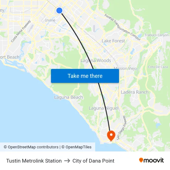 Tustin Metrolink Station to City of Dana Point map