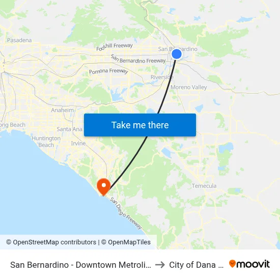 San Bernardino - Downtown Metrolink Station to City of Dana Point map