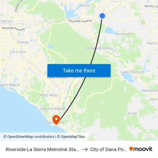 Riverside-La Sierra Metrolink Station to City of Dana Point map
