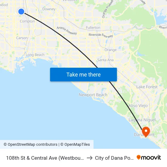 108th St & Central Ave (Westbound) to City of Dana Point map