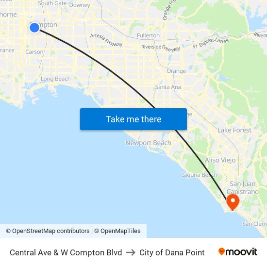 Central Ave & W Compton Blvd to City of Dana Point map