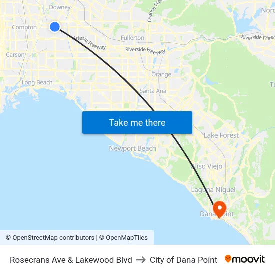 Rosecrans Ave & Lakewood Blvd to City of Dana Point map