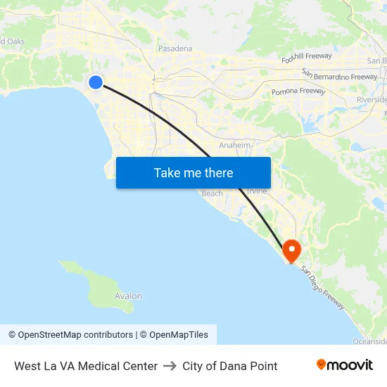West La VA Medical Center to City of Dana Point map