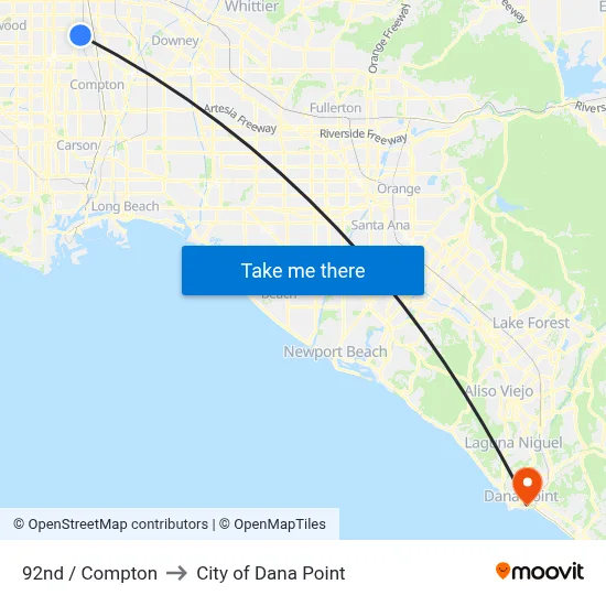 92nd / Compton to City of Dana Point map