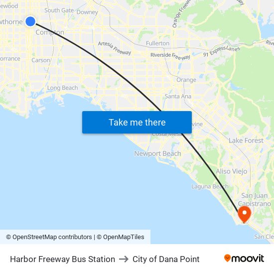 Harbor Freeway Bus Station to City of Dana Point map