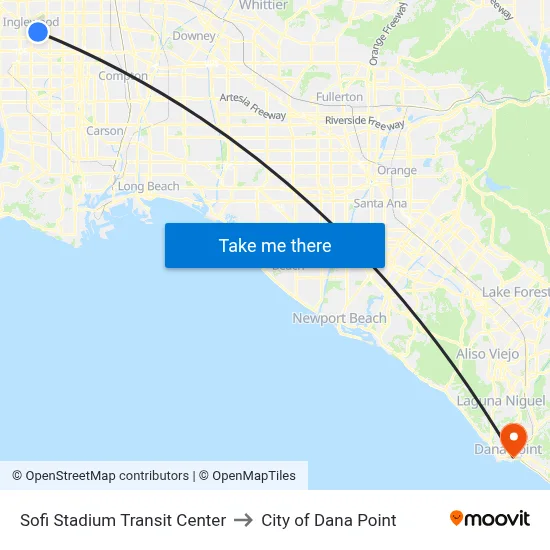 Sofi Stadium Transit Center to City of Dana Point map
