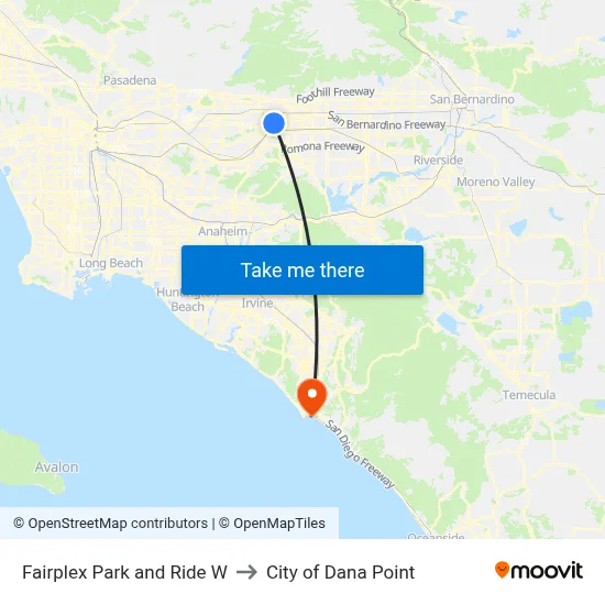 Fairplex Park and Ride W to City of Dana Point map