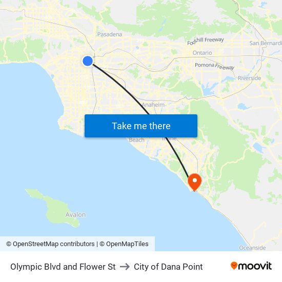 Olympic Blvd and Flower St to City of Dana Point map