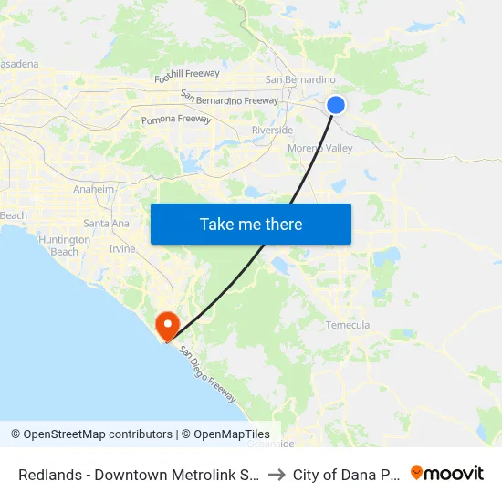 Redlands - Downtown Metrolink Station to City of Dana Point map