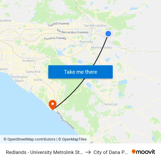 Redlands - University Metrolink Station to City of Dana Point map