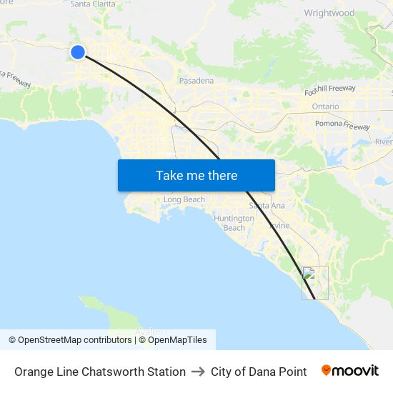 Orange Line Chatsworth Station to City of Dana Point map