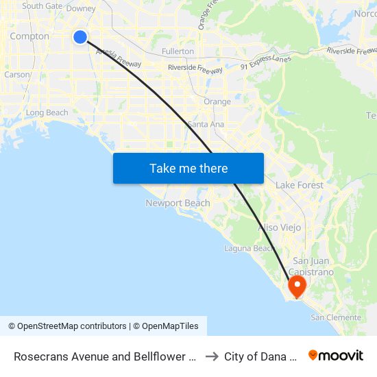 Rosecrans Avenue and Bellflower Boulevar to City of Dana Point map