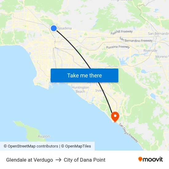 Glendale at Verdugo to City of Dana Point map