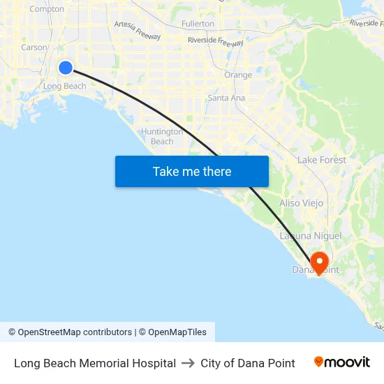 Long Beach Memorial Hospital to City of Dana Point map