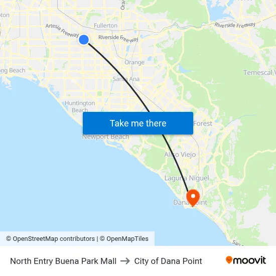 North Entry Buena Park Mall to City of Dana Point map