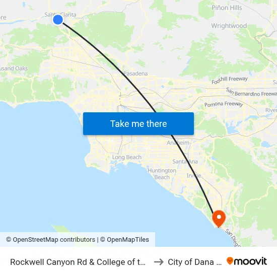 Rockwell Canyon Rd & College of the Canyons to City of Dana Point map