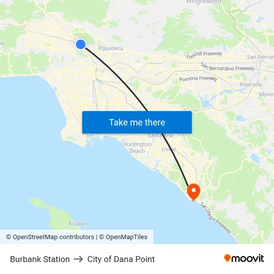 Burbank Station to City of Dana Point map