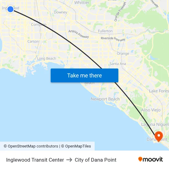 Inglewood Transit Center to City of Dana Point map