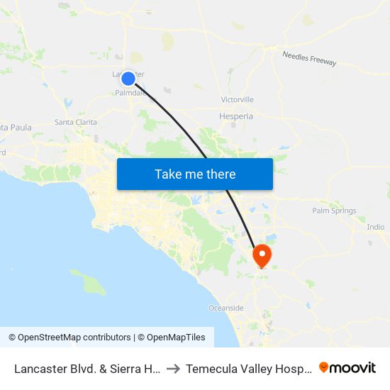 Lancaster Blvd. & Sierra Hwy. to Temecula Valley Hospital map