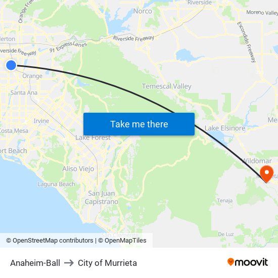 Anaheim-Ball to City of Murrieta map