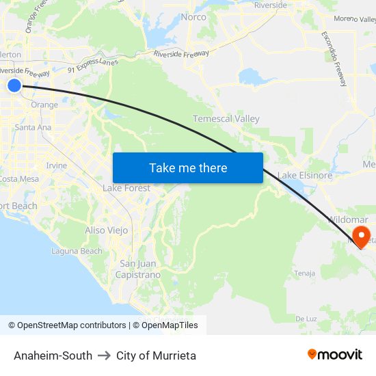 Anaheim-South to City of Murrieta map