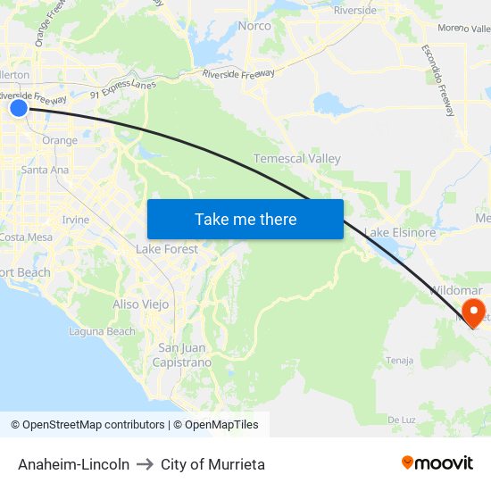 Anaheim-Lincoln to City of Murrieta map