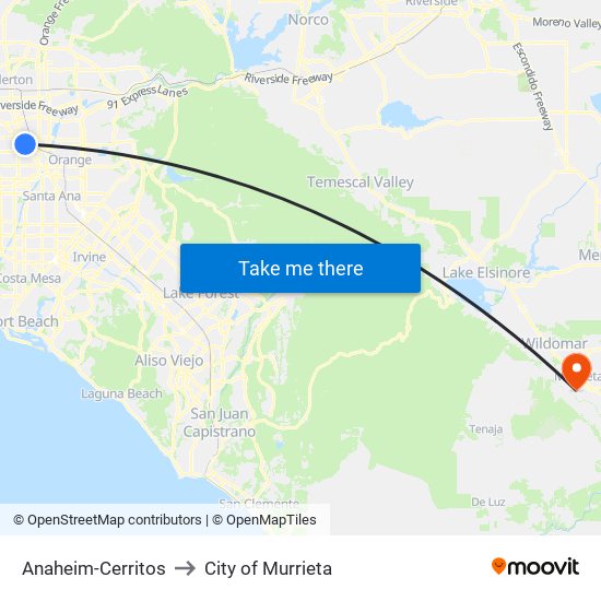 Anaheim-Cerritos to City of Murrieta map