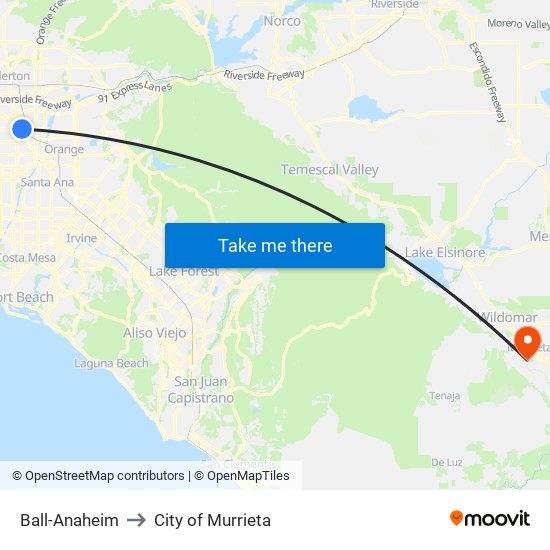 Ball-Anaheim to City of Murrieta map