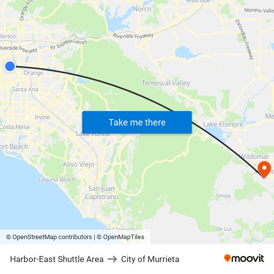 Harbor-East Shuttle Area to City of Murrieta map