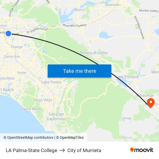 LA Palma-State College to City of Murrieta map