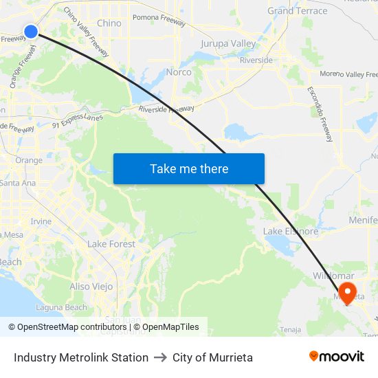 Industry Metrolink Station to City of Murrieta map