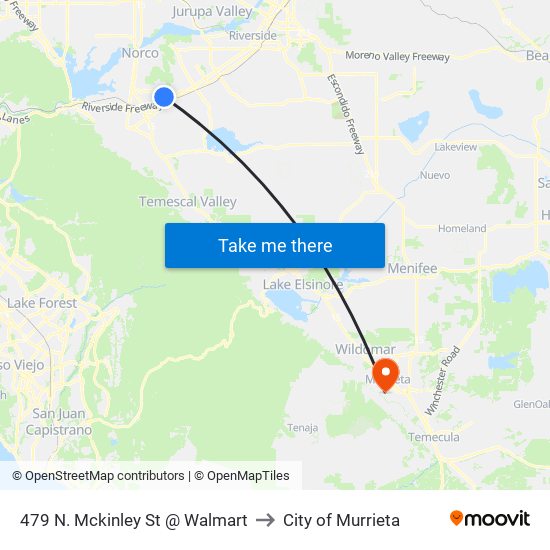 479 N. Mckinley St @ Walmart to City of Murrieta map