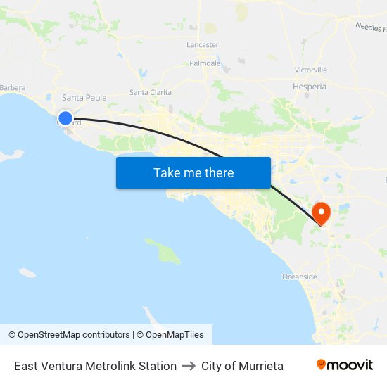 East Ventura Metrolink Station to City of Murrieta map