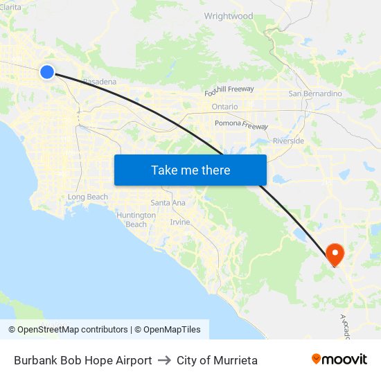 Burbank Bob Hope Airport to City of Murrieta map