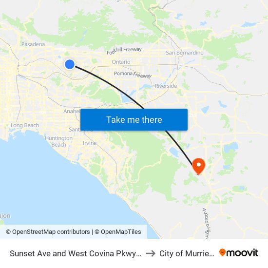 Sunset Ave and West Covina Pkwy N to City of Murrieta map