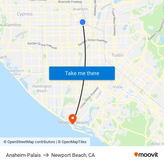 Anaheim-Palais to Newport Beach, CA map