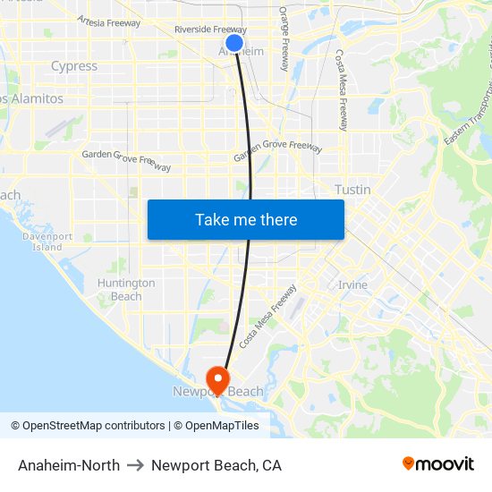 Anaheim-North to Newport Beach, CA map