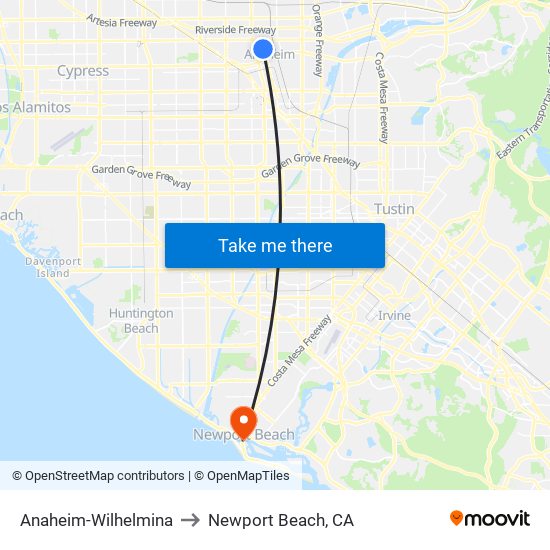 Anaheim-Wilhelmina to Newport Beach, CA map