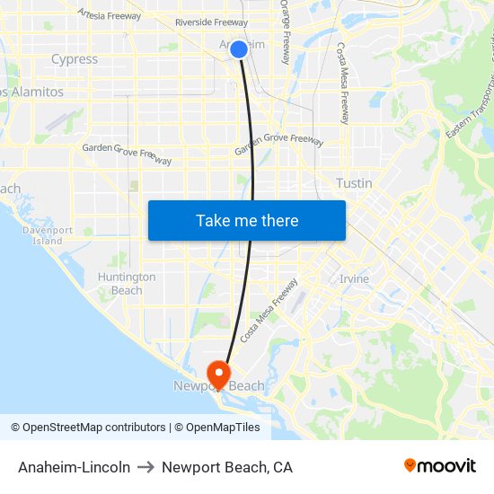Anaheim-Lincoln to Newport Beach, CA map