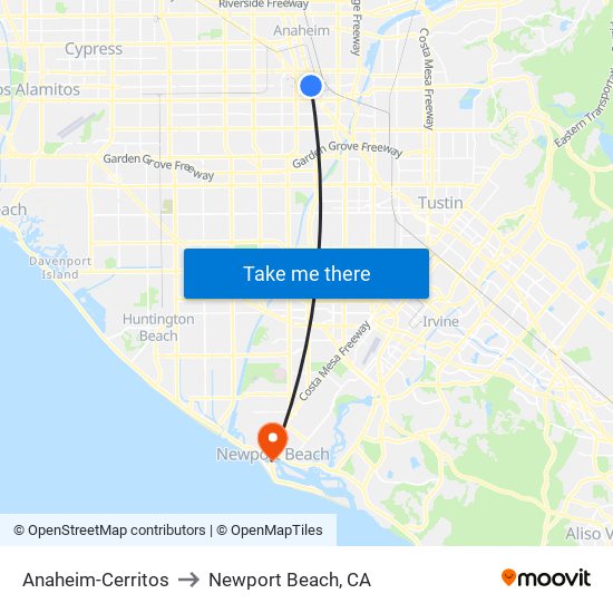Anaheim-Cerritos to Newport Beach, CA map
