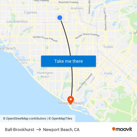 Ball-Brookhurst to Newport Beach, CA map