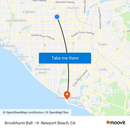 Brookhurst-Ball to Newport Beach, CA map